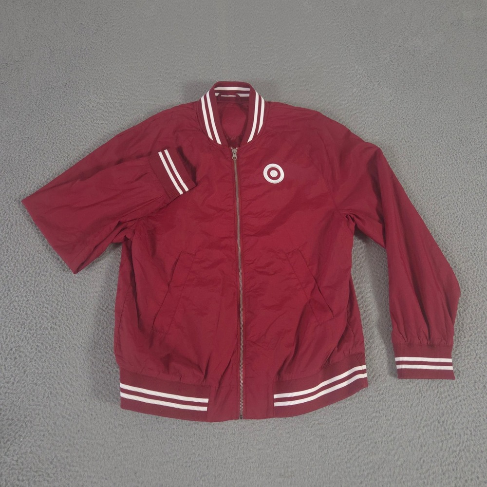 Target Jacket Mens Small Red Bomber Bullseye Logo Script Graphic Nylon Zip Up